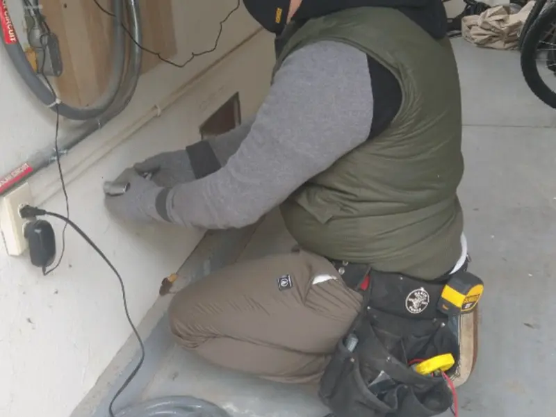 Electrician performing outlet wiring in a Hartford City garage